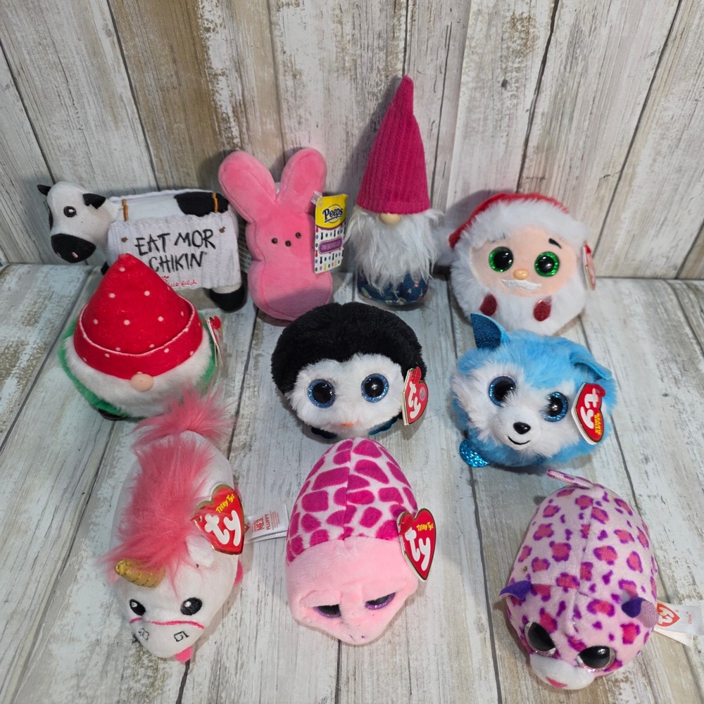 Plush Toy Lot 10pc Ty Teeny Tys Chick-fil-A Cow Peeps Pink Bunny Holiday Gnomes